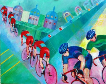 スポーツ Painting - 赤い自転車乗りスミスフィールド印象派